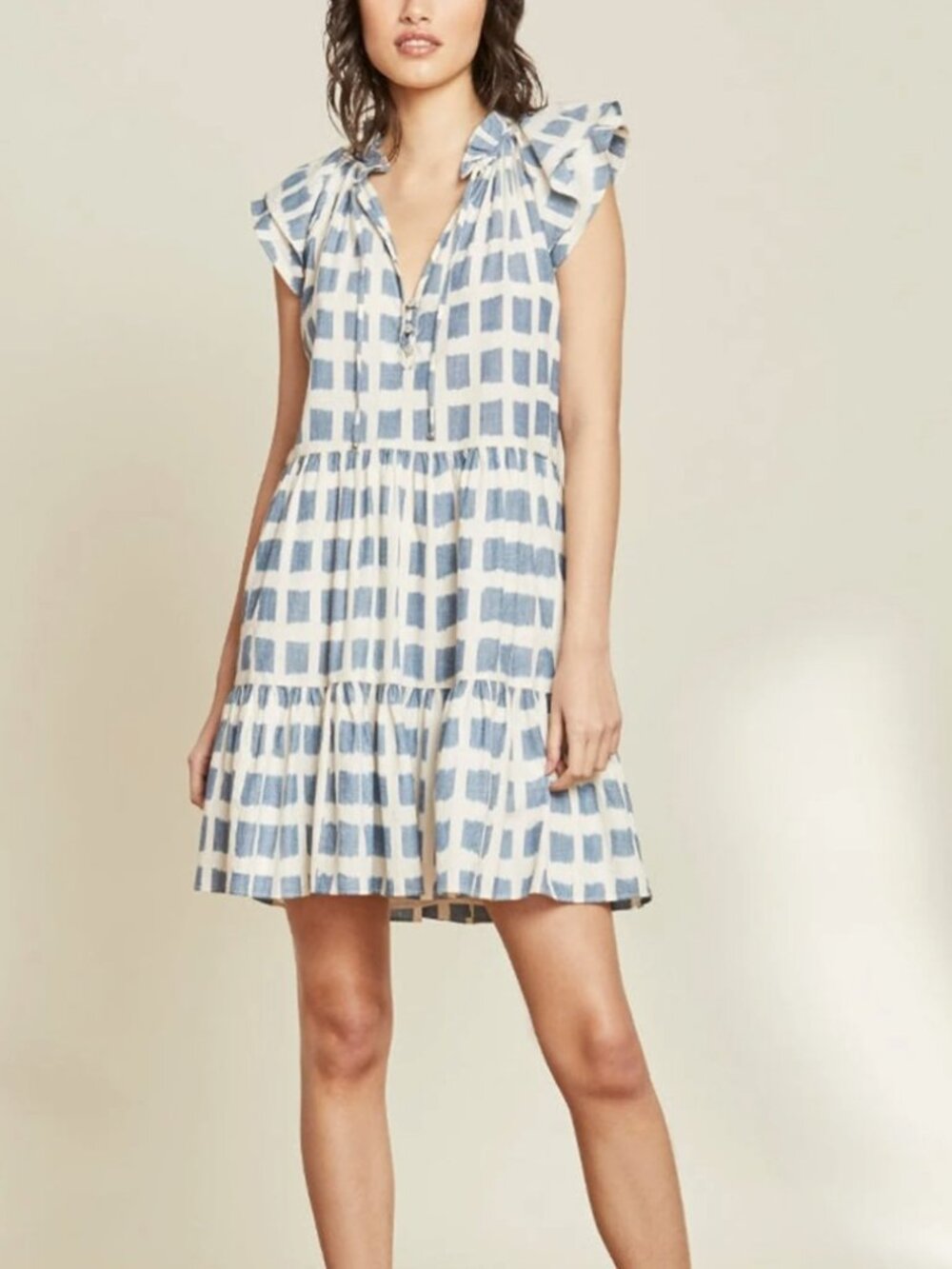 Veronica Beard Flutter Sleeve Zee Ikat Ruffle Hem Dress Blue White 14